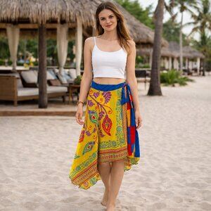 Y2K Reversible Wrap Midi Skirt O/S Blue Yellow Chiffon Satin Silky Boho Gypsy